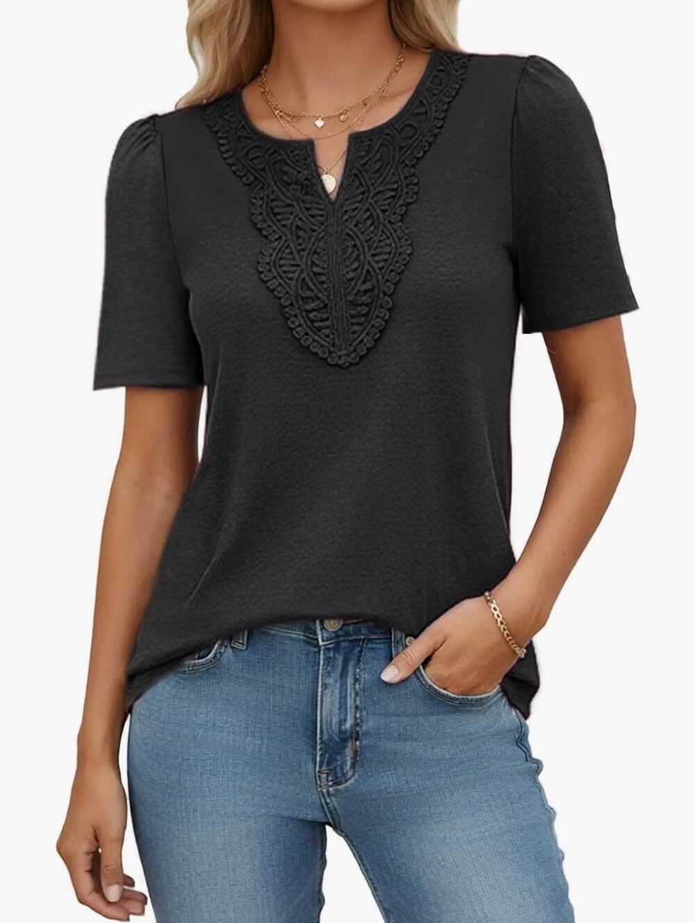 Casual Lace Crochet V Neck Short Sleeve Shirt Summer Trendy Blouse